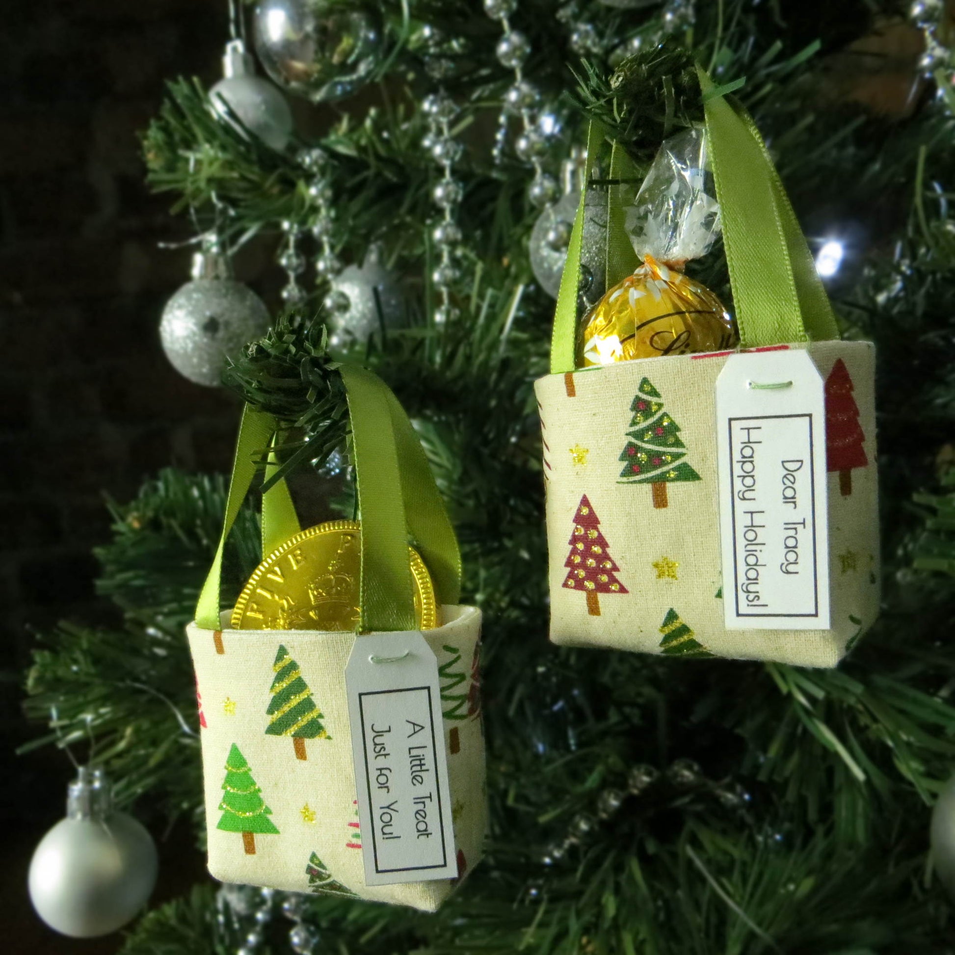 Pair of miniature fabric tote decorations that you can fill with your favourite treats