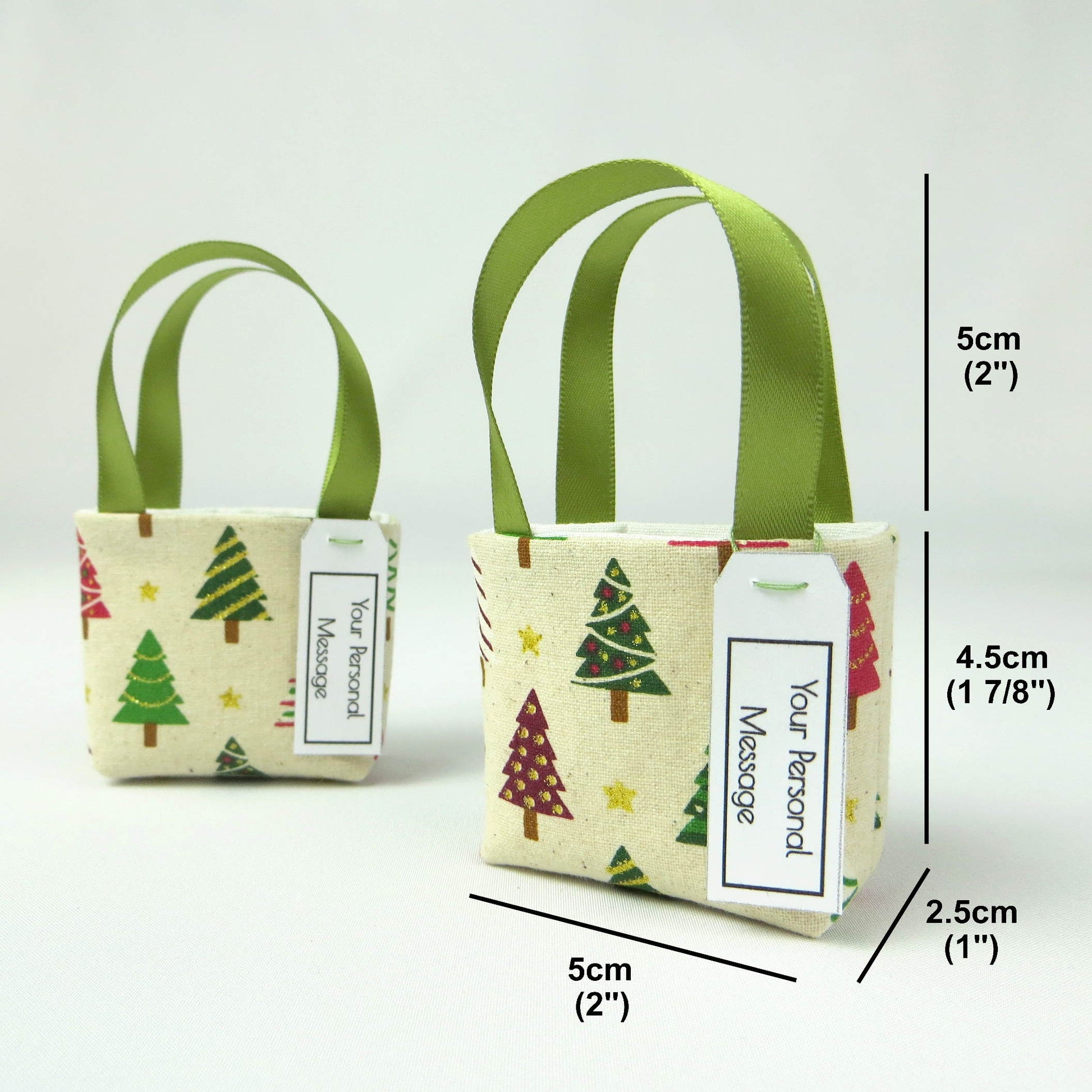 Pair of miniature fabric tote decorations that you can fill with your favourite treats