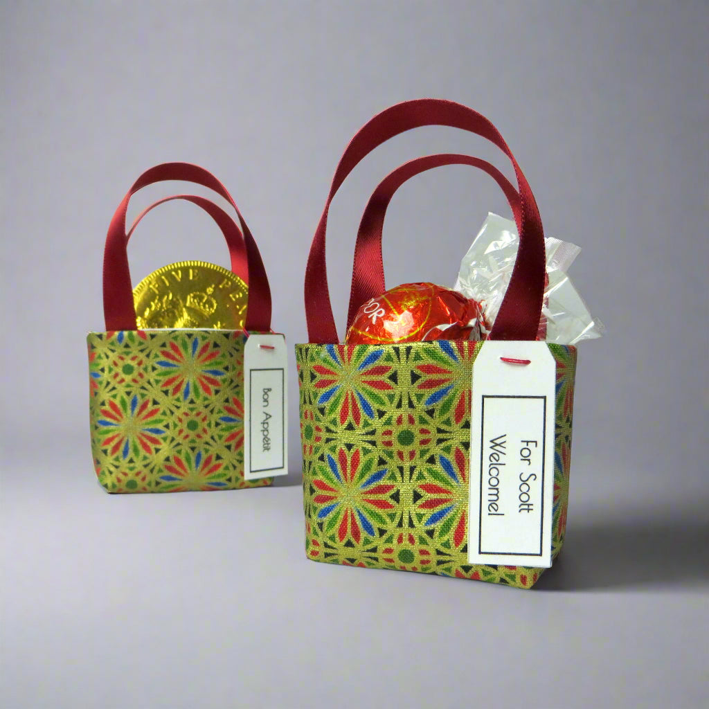 Pair of miniature fabric tote decorations that you can fill with your favourite treats