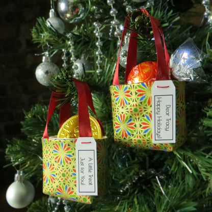Pair of miniature fabric tote decorations that you can fill with your favourite treats