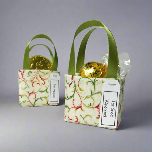 Pair of miniature fabric tote decorations that you can fill with your favourite treats