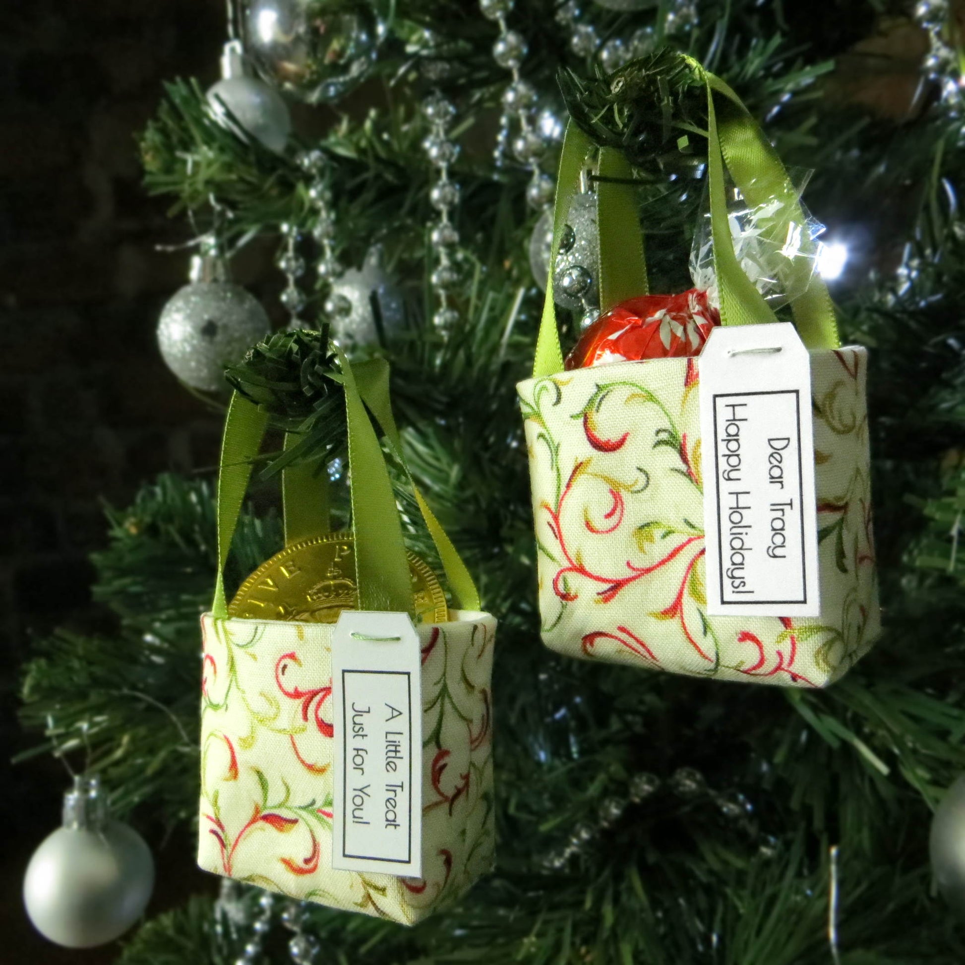 Pair of miniature fabric tote decorations that you can fill with your favourite treats