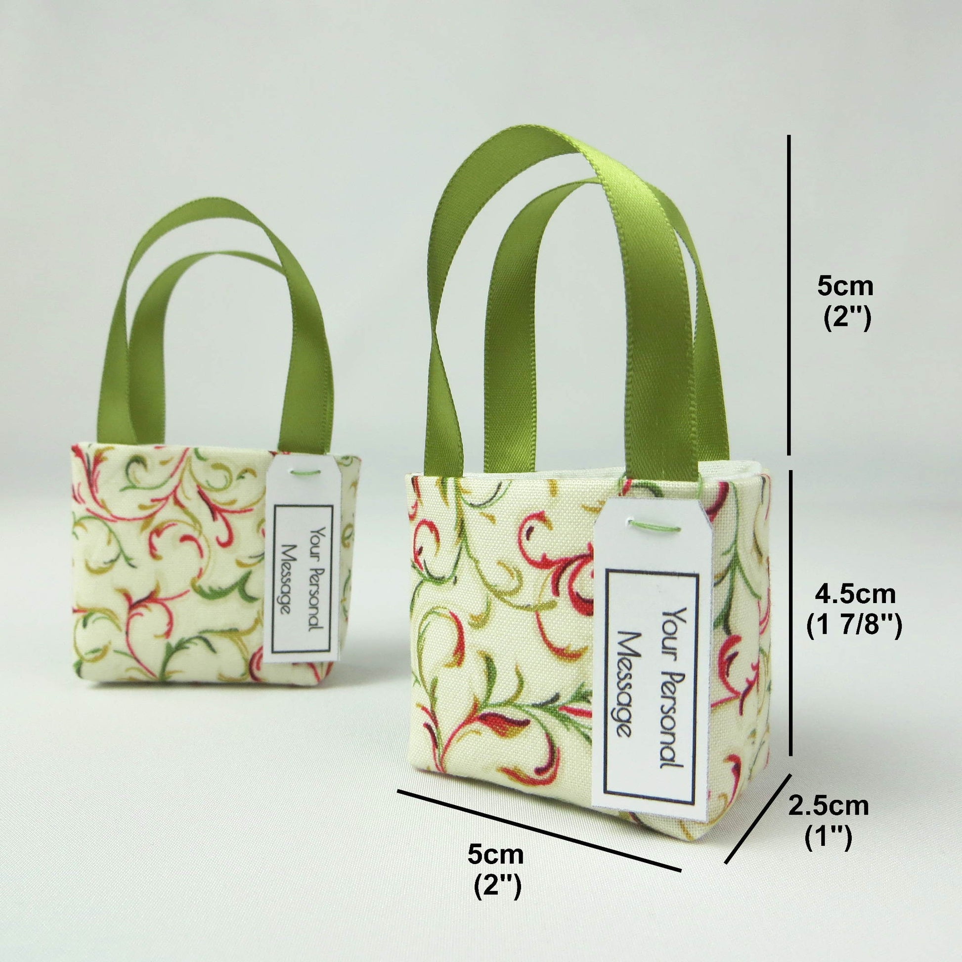 Pair of miniature fabric tote decorations that you can fill with your favourite treats