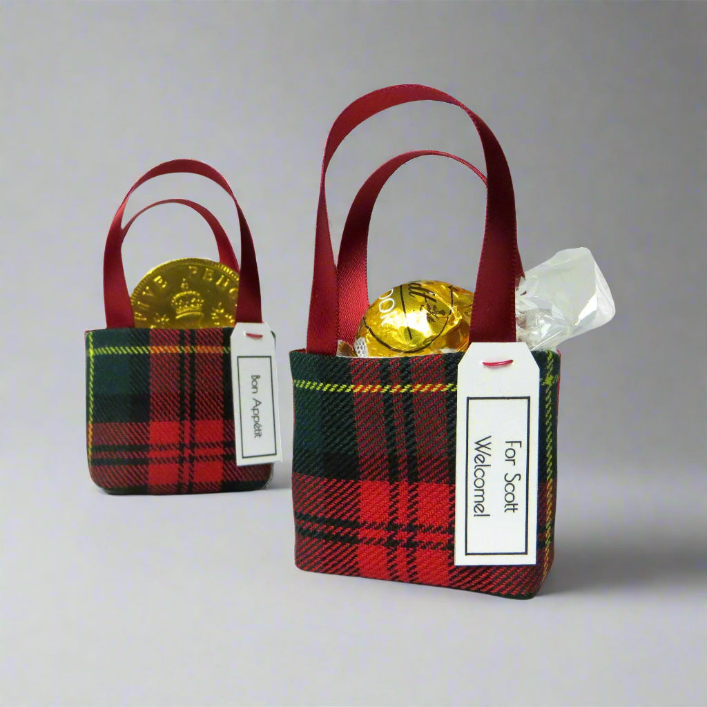 Pair of miniature fabric tote decorations that you can fill with your favourite treats