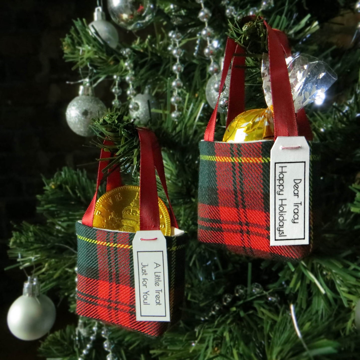 Pair of miniature fabric tote decorations that you can fill with your favourite treats