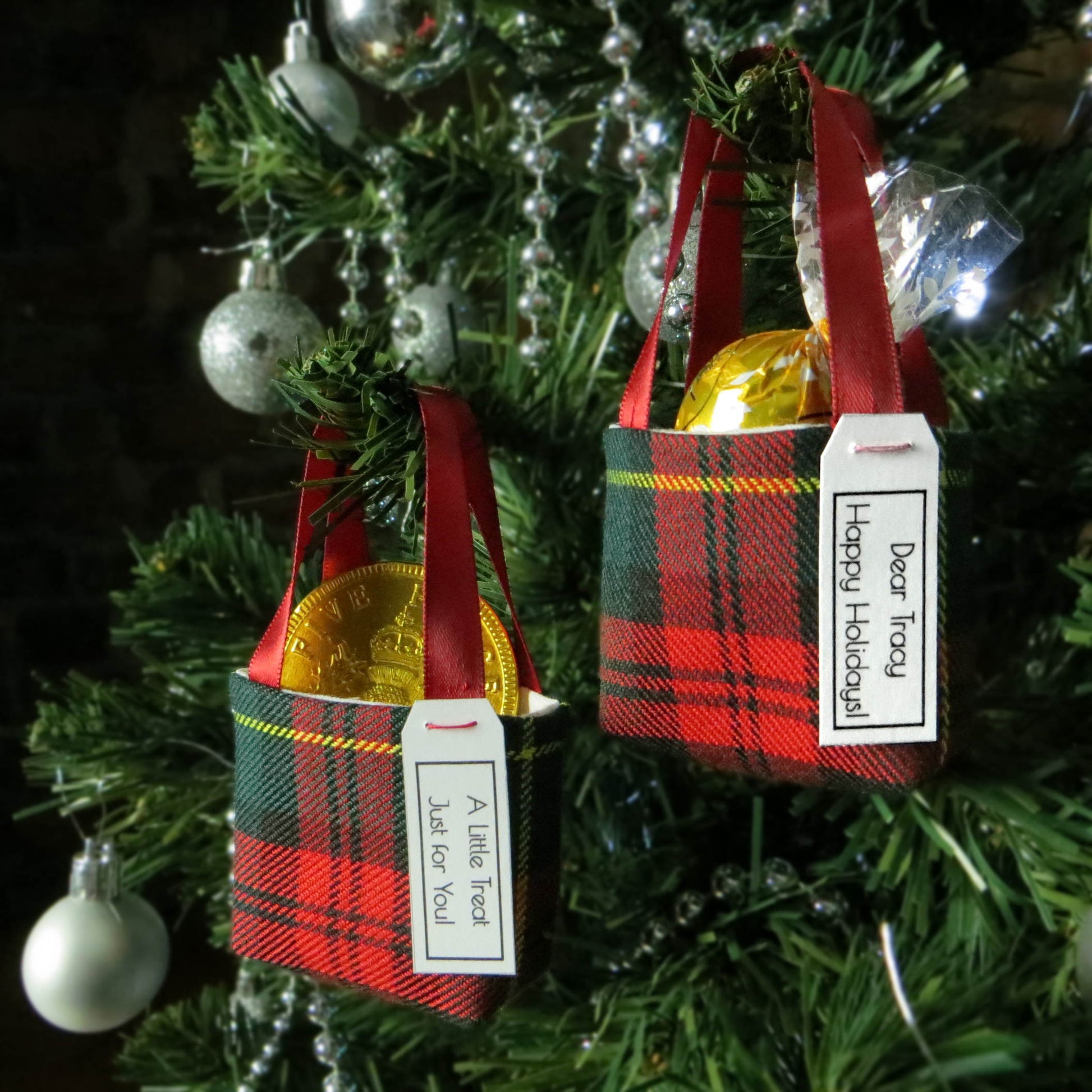 Pair of miniature fabric tote decorations that you can fill with your favourite treats
