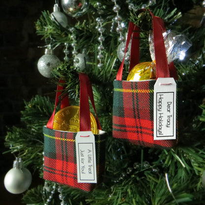 Pair of miniature fabric tote decorations that you can fill with your favourite treats