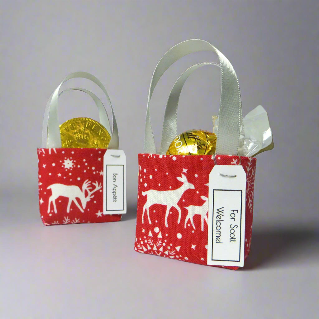 Pair of miniature fabric tote decorations that you can fill with your favourite treats