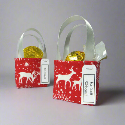 Pair of miniature fabric tote decorations that you can fill with your favourite treats