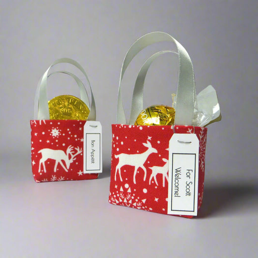 Pair of miniature fabric tote decorations that you can fill with your favourite treats