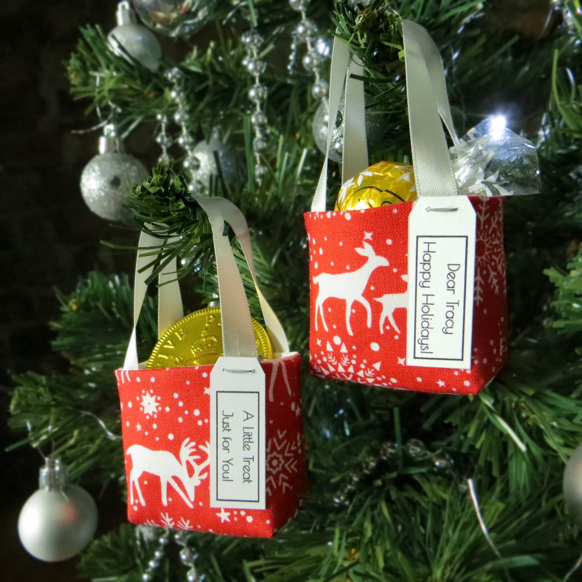 Pair of miniature fabric tote decorations that you can fill with your favourite treats