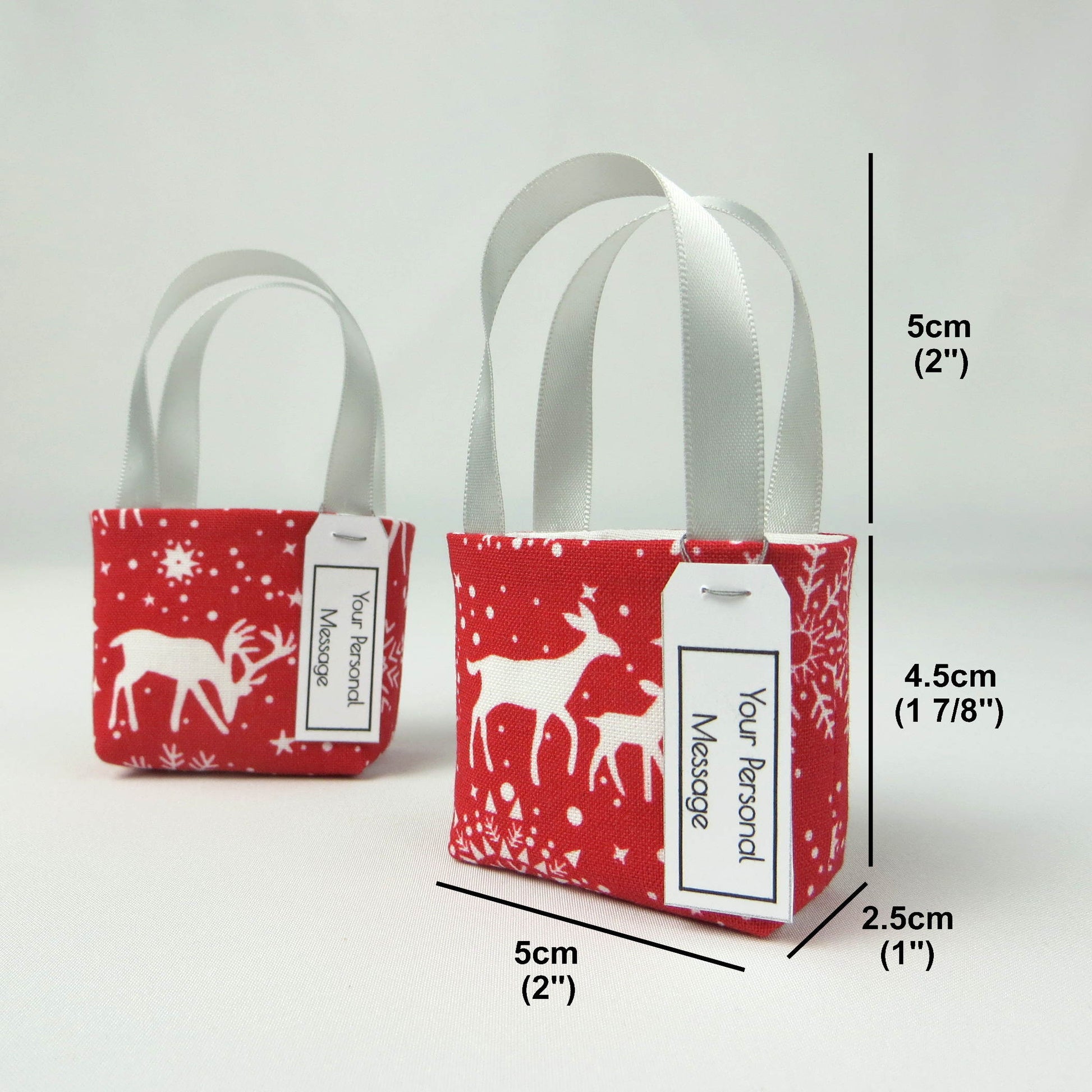 Pair of miniature fabric tote decorations that you can fill with your favourite treats