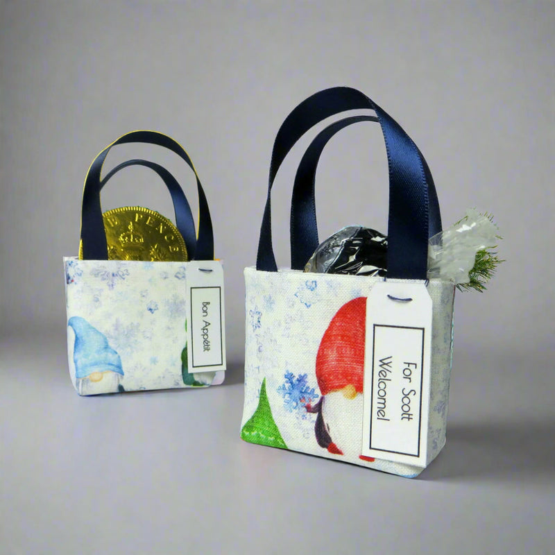 Pair of miniature fabric tote decorations that you can fill with your favourite treats