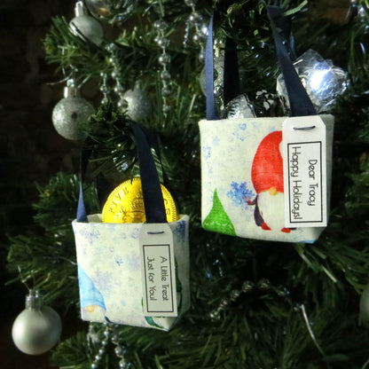 Pair of miniature fabric tote decorations that you can fill with your favourite treats