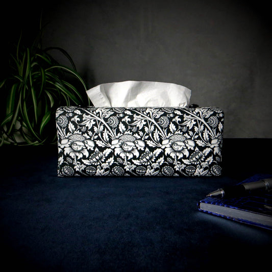 Rectangle tissue box cover with white flowering vine design on black background