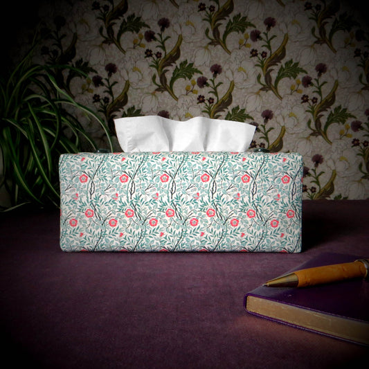 Rectangle tissue box cover with red flowers and green vines