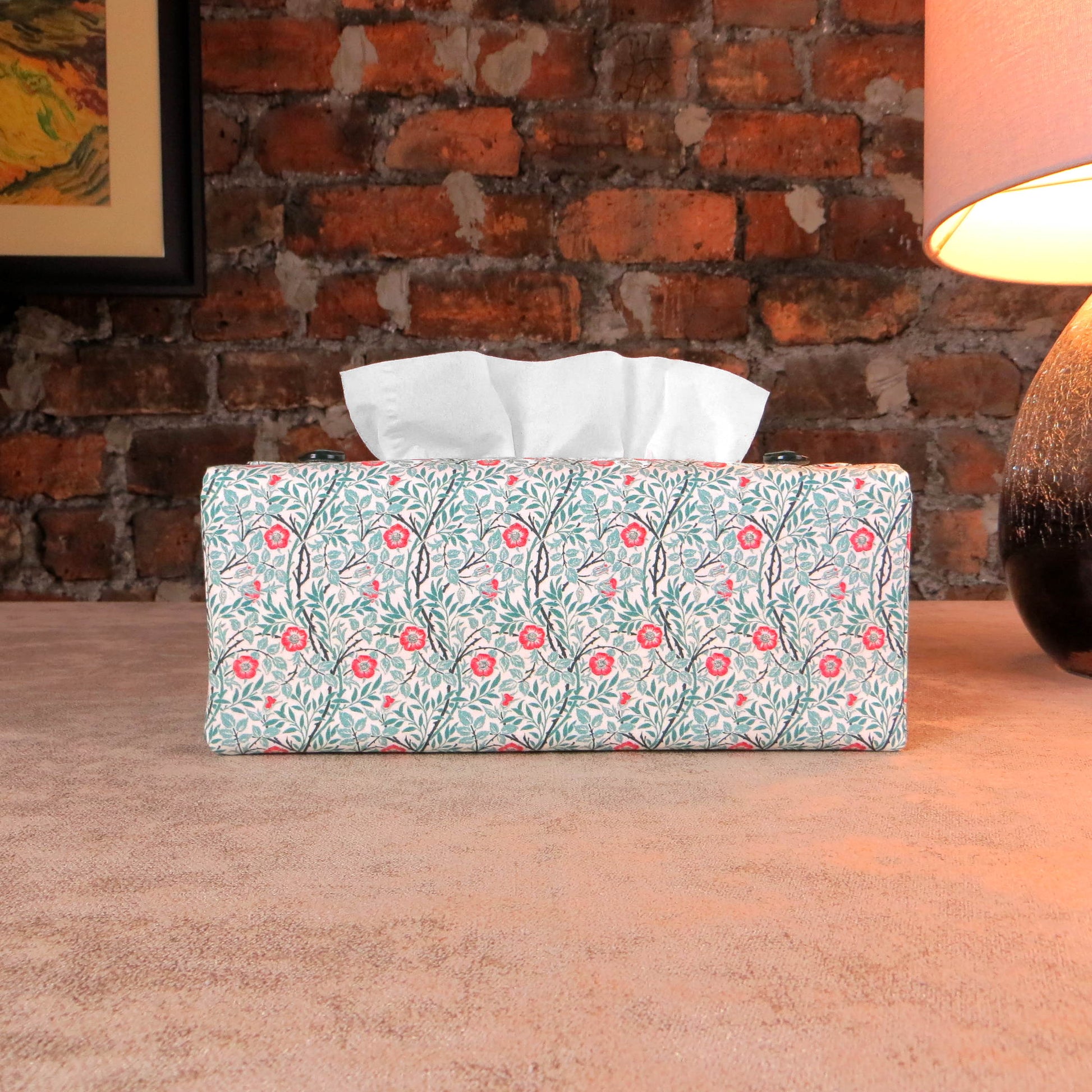 Rectangle tissue box cover with red flowers and green vines