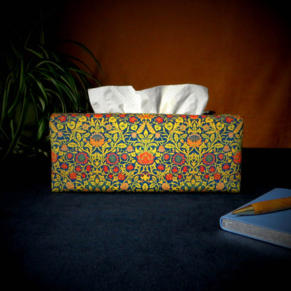 Rectangle tissue box cover with orange flowers and yellow vines design on blue background