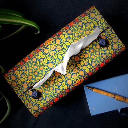 Rectangle tissue box cover with orange flowers and yellow vines design on blue background