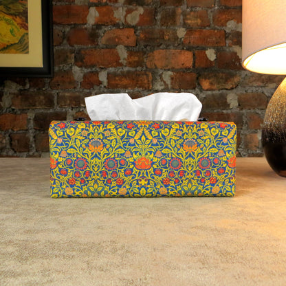 Rectangle tissue box cover with orange flowers and yellow vines design on blue background