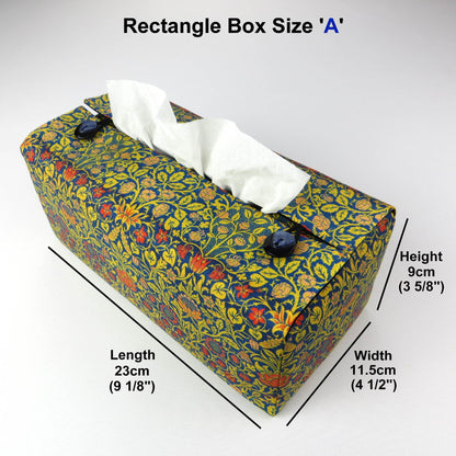 Rectangle tissue box cover with orange flowers and yellow vines design on blue background