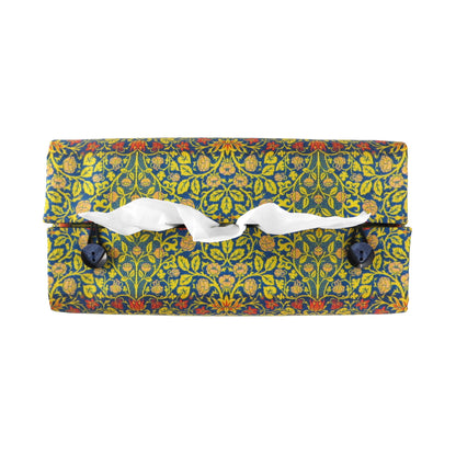 Rectangle tissue box cover with orange flowers and yellow vines design on blue background