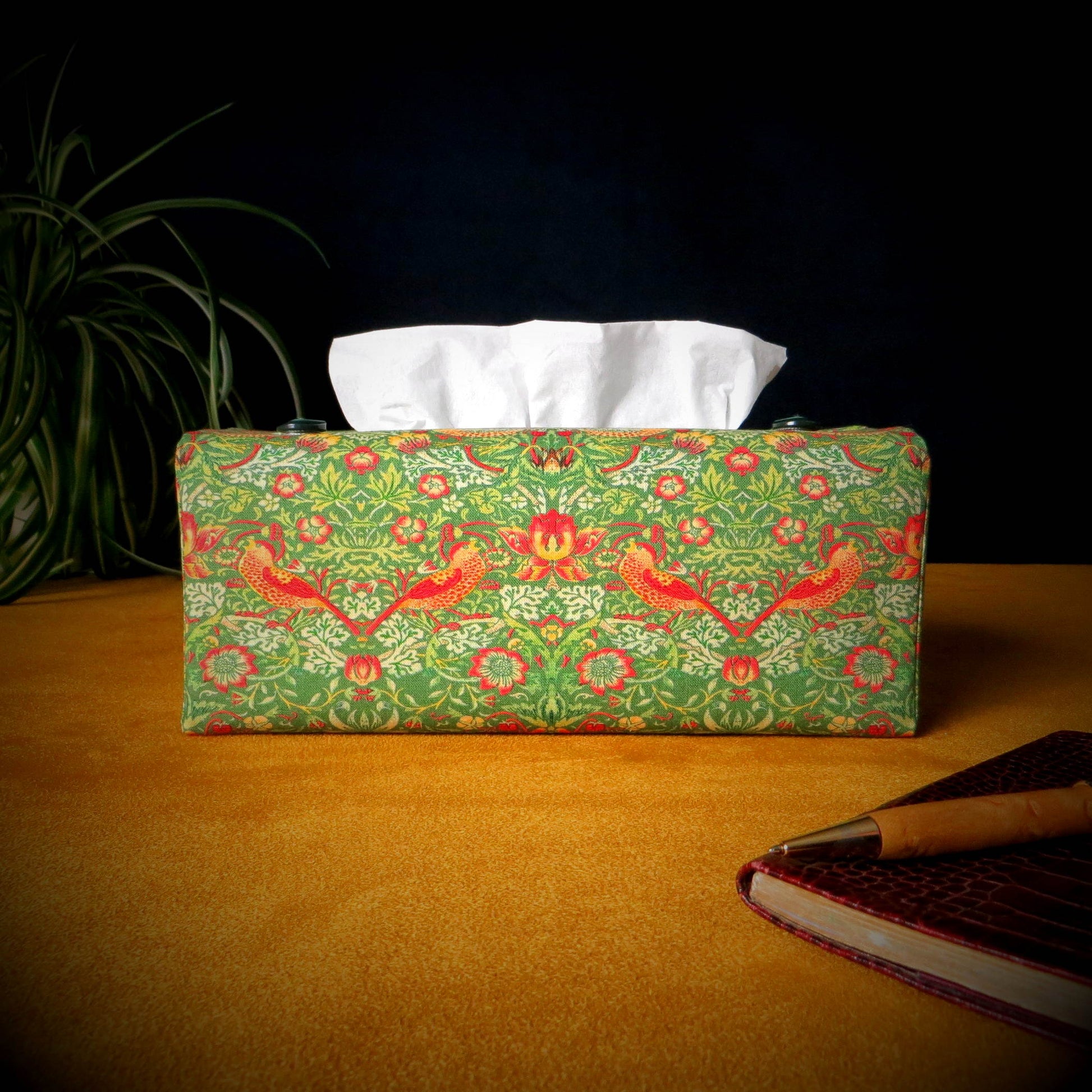 Rectangle tissue box cover with birds and berries design on green background