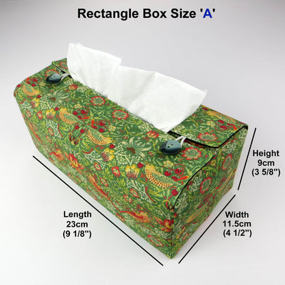 Rectangle tissue box cover with birds and berries design on green background