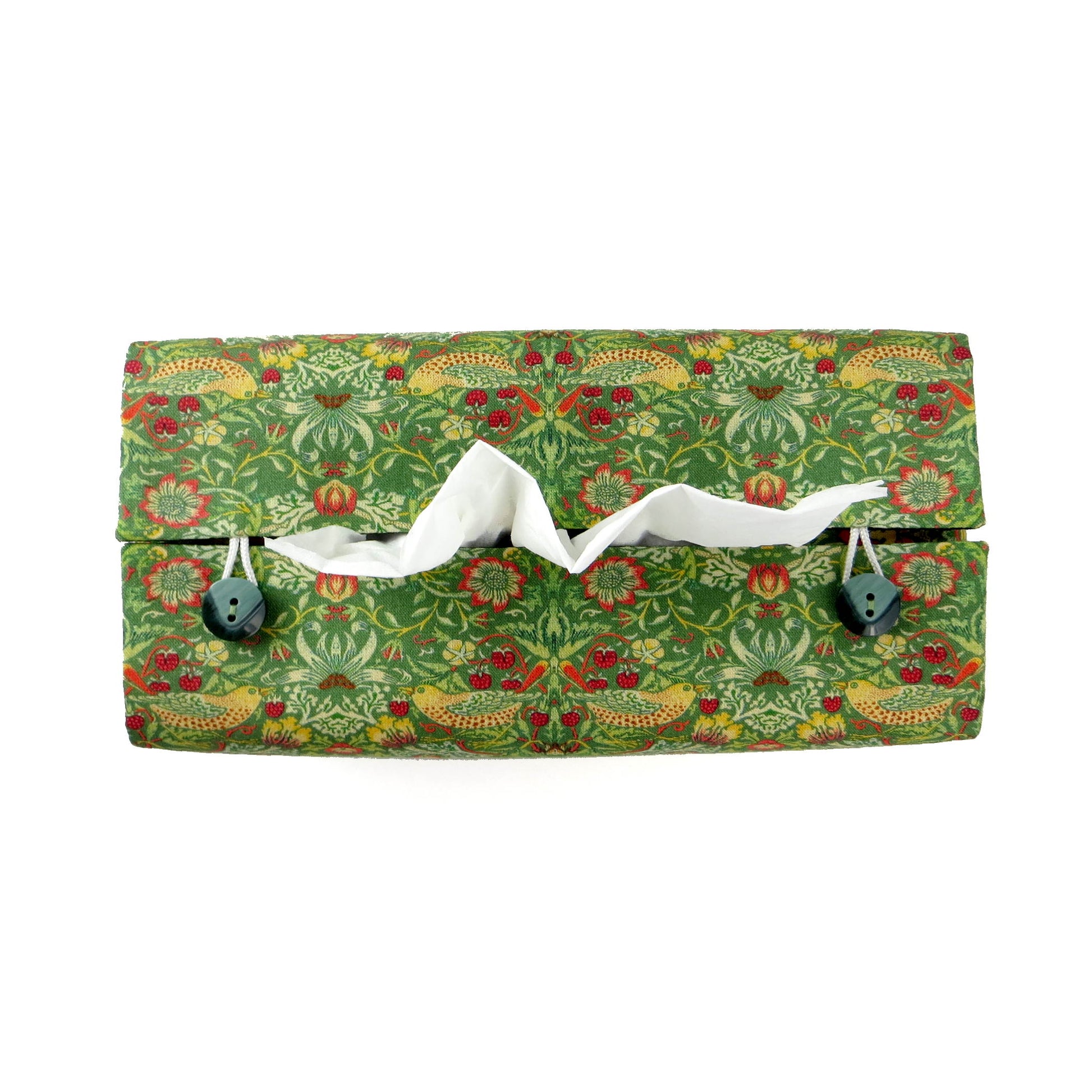 Rectangle tissue box cover with birds and berries design on green background