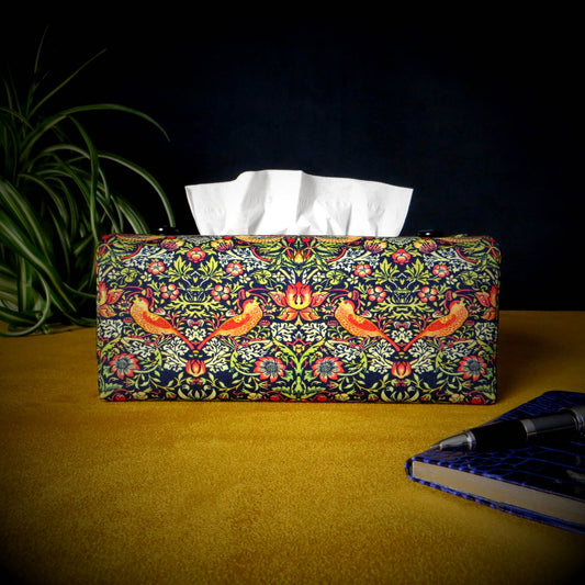 Rectangle tissue box cover with birds and berries design on dark blue background