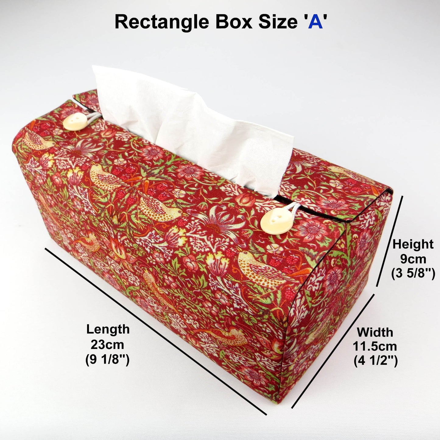 Rectangle tissue box cover with birds and berries design on red background