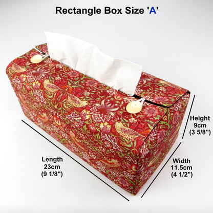 Rectangle tissue box cover with birds and berries design on red background