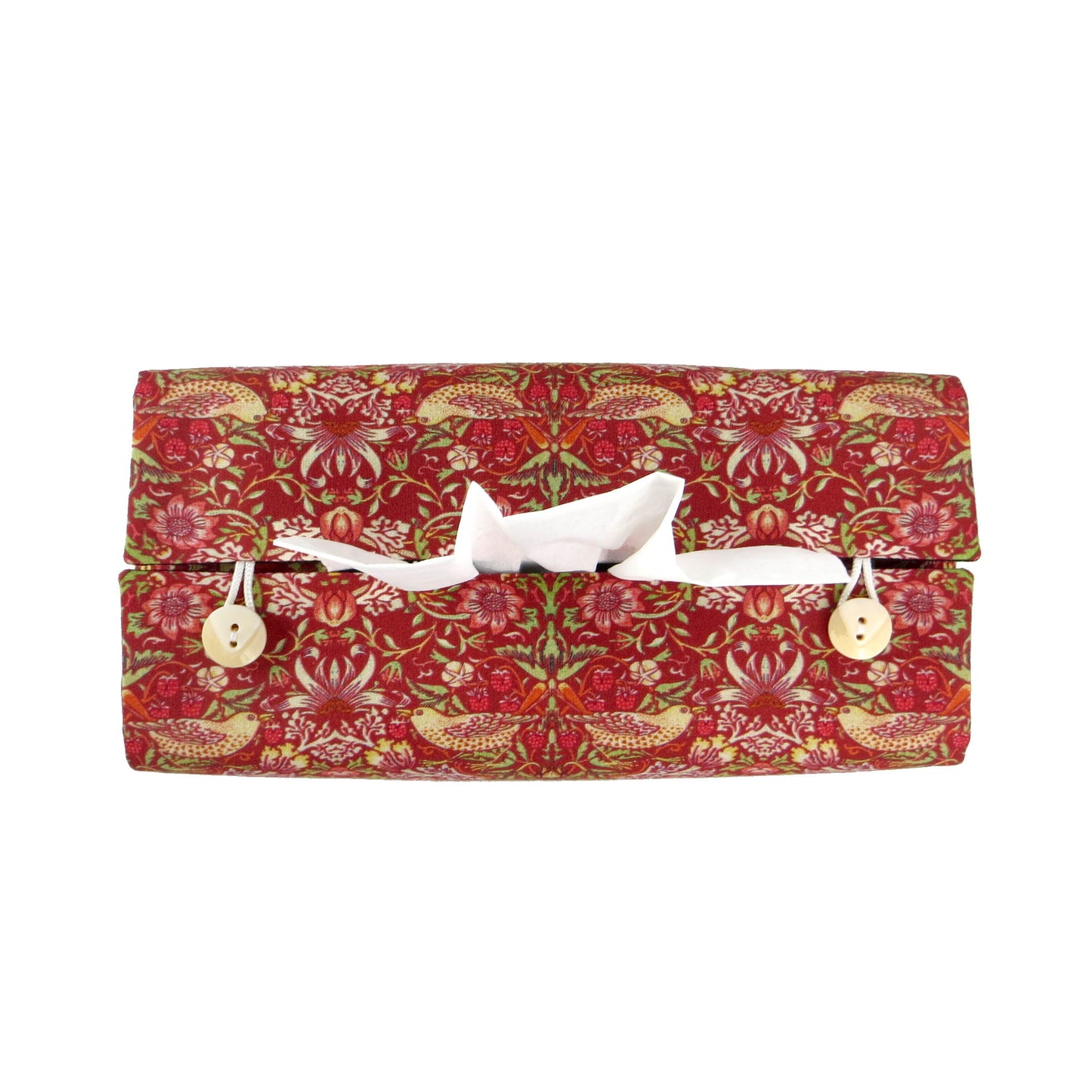 Rectangle tissue box cover with birds and berries design on red background