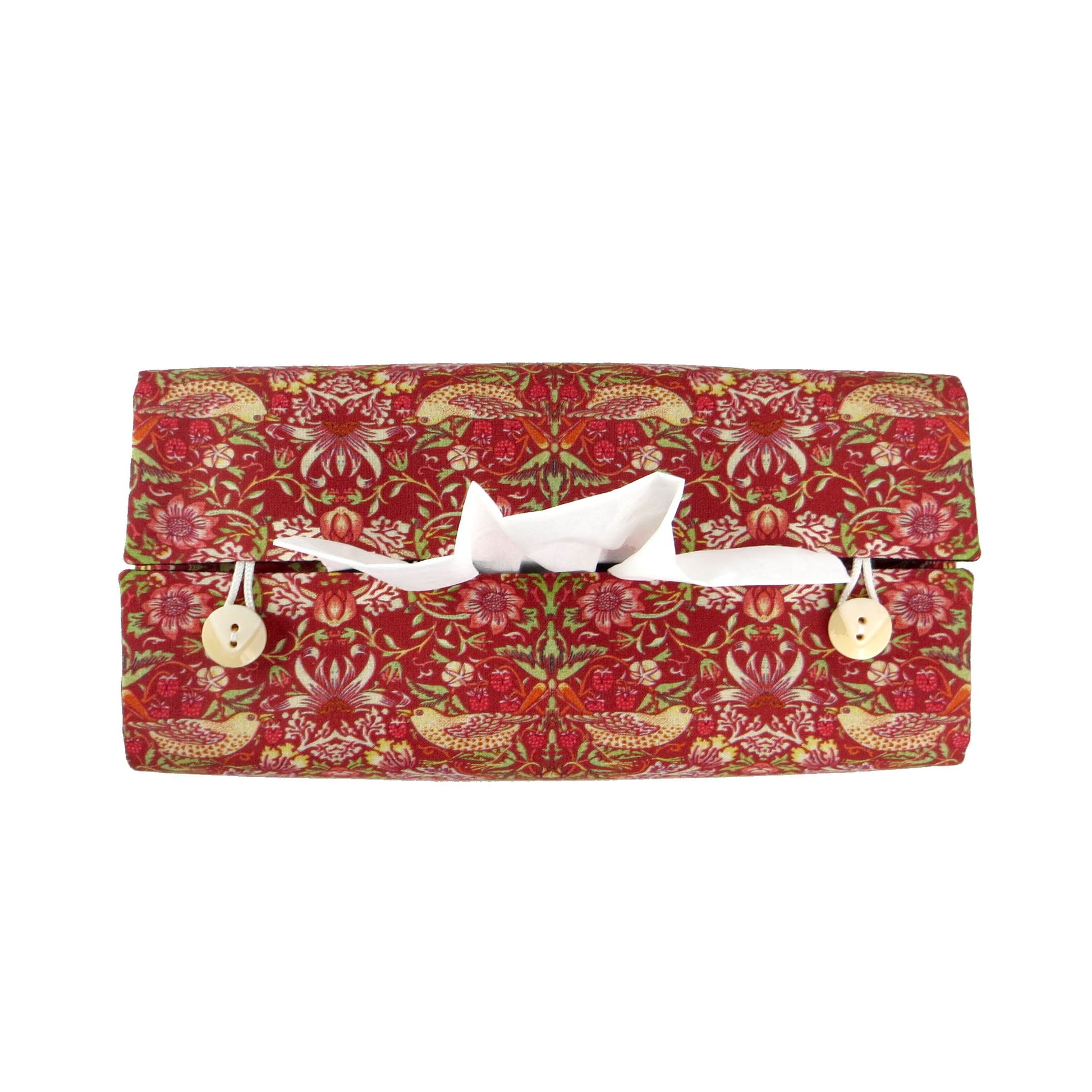 Rectangle tissue box cover with birds and berries design on red background