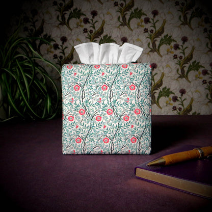 Square tissue box cover with red flowers and green vines