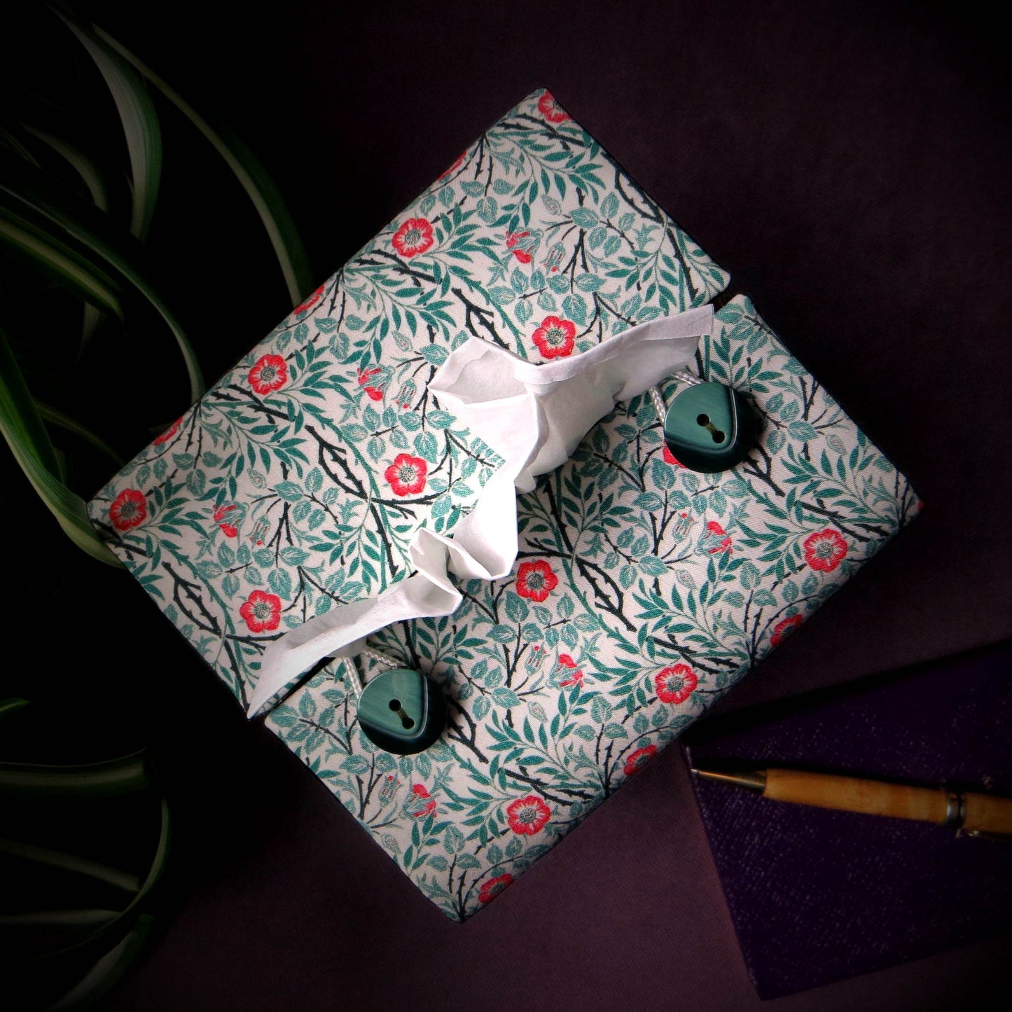 Square tissue box cover with red flowers and green vines