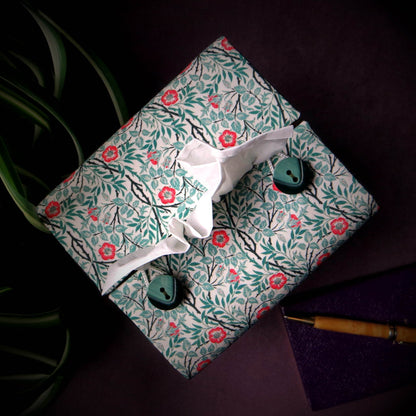 Square tissue box cover with red flowers and green vines