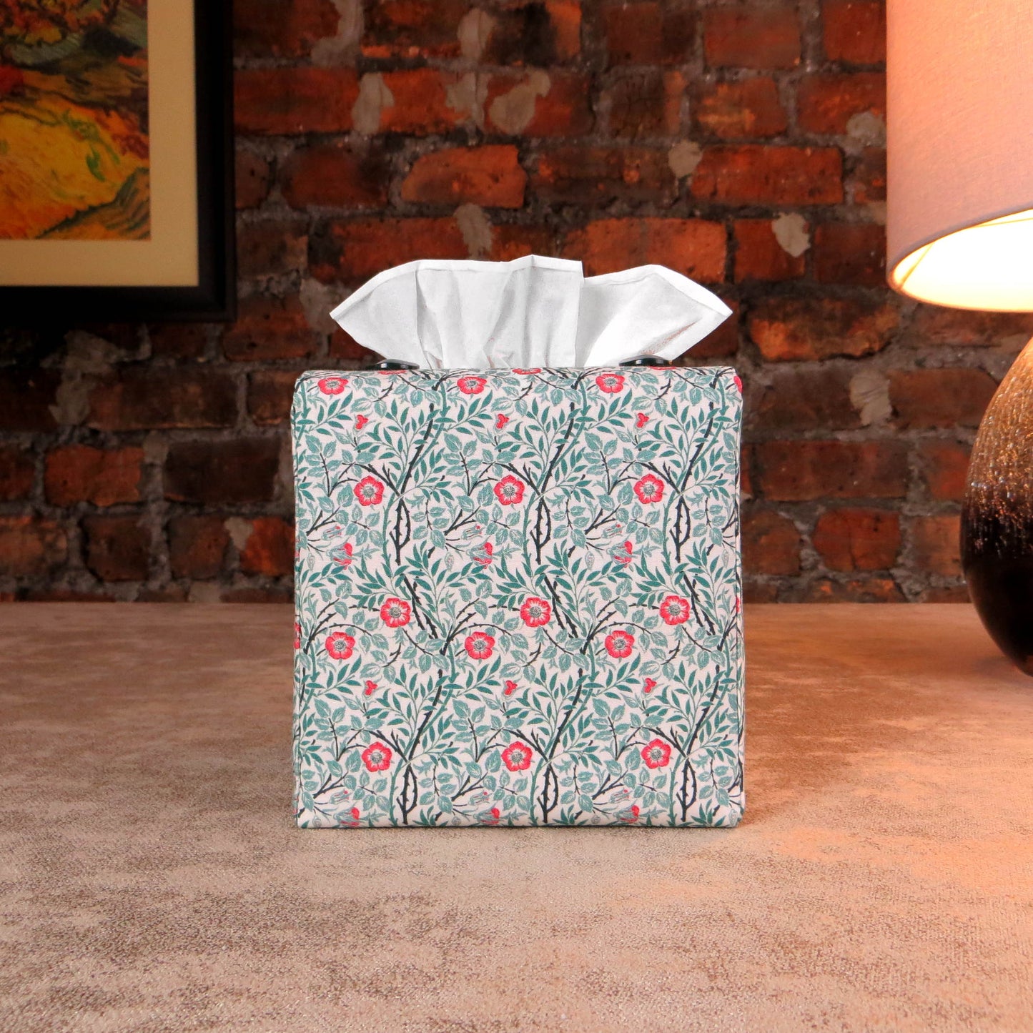 Square tissue box cover with red flowers and green vines