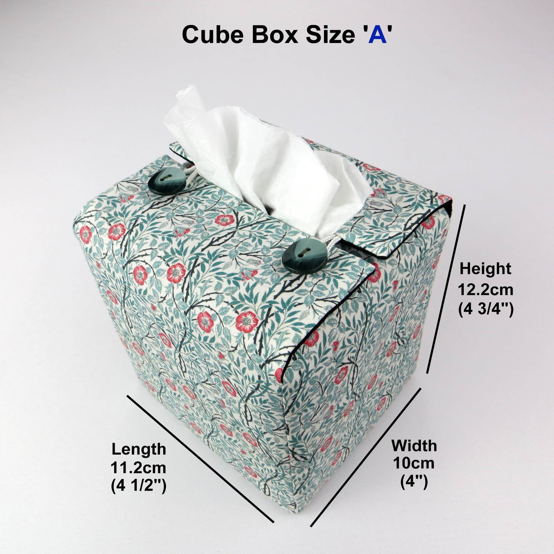 Square tissue box cover with red flowers and green vines