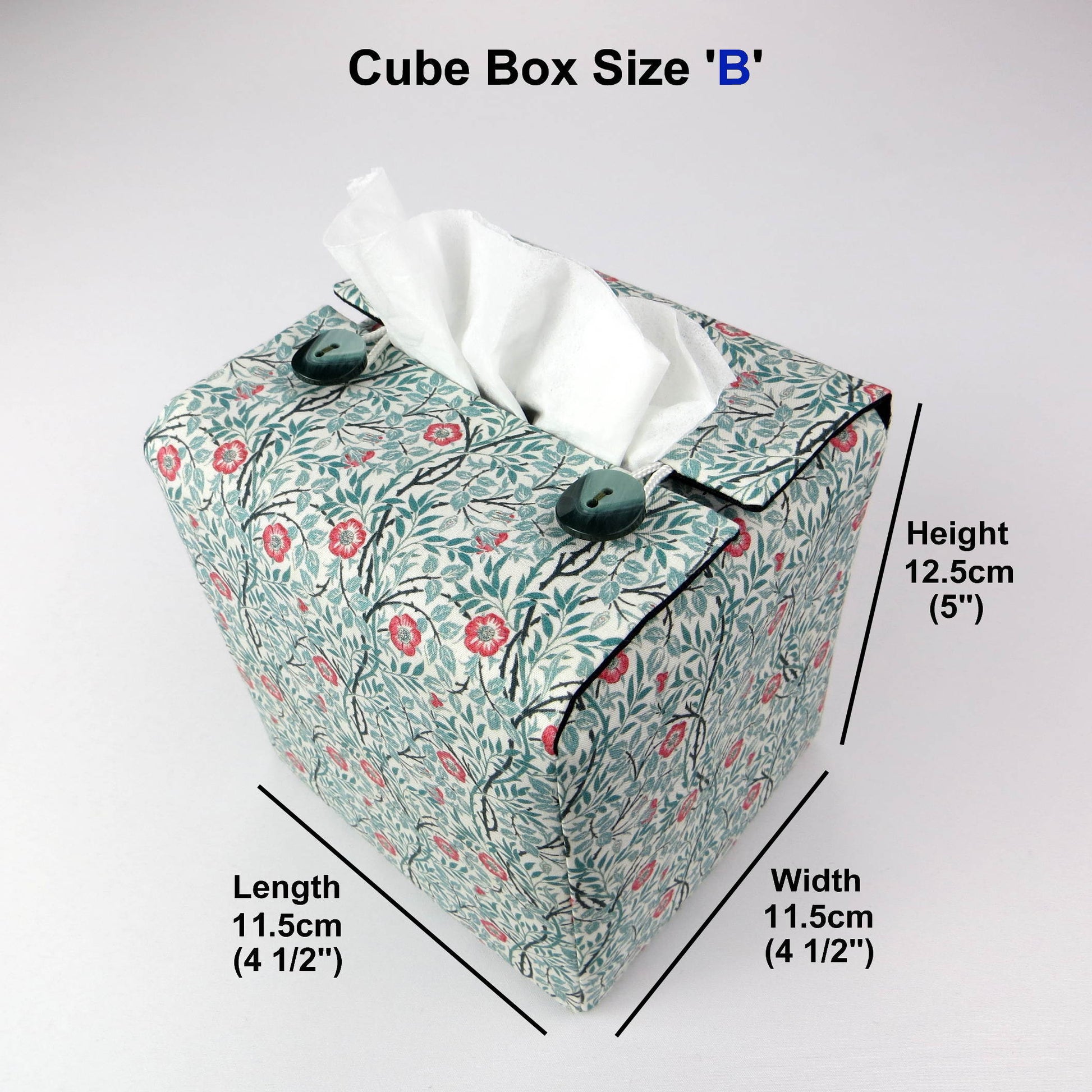 Square tissue box cover with red flowers and green vines