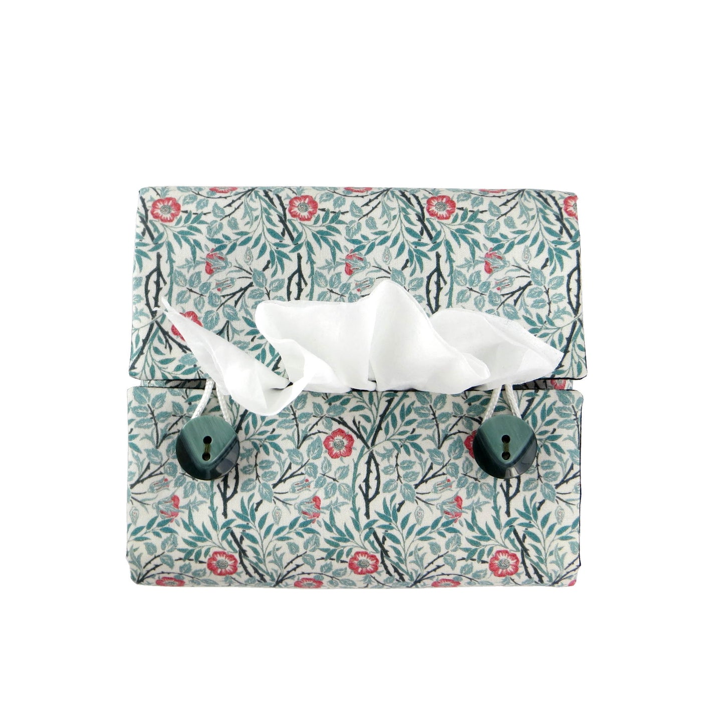 Square tissue box cover with red flowers and green vines