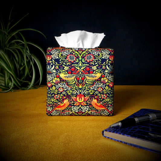 Square tissue box cover with birds and berries design on dark blue background