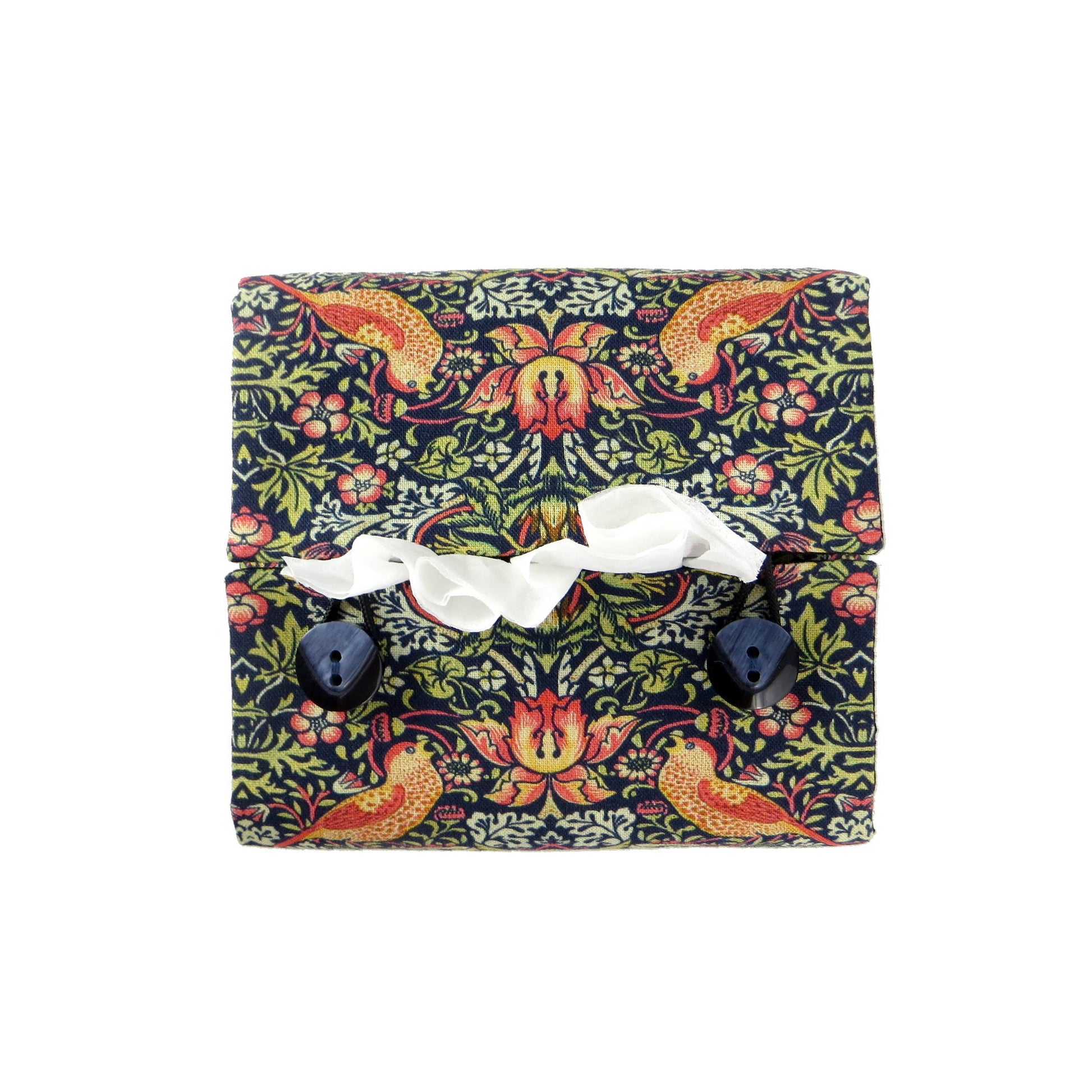 Square tissue box cover with birds and berries design on dark blue background