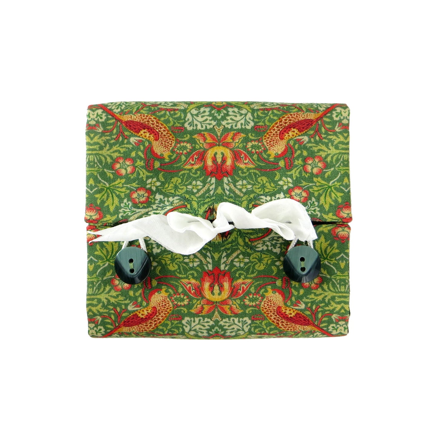 Square tissue box cover with birds and berries design on green background