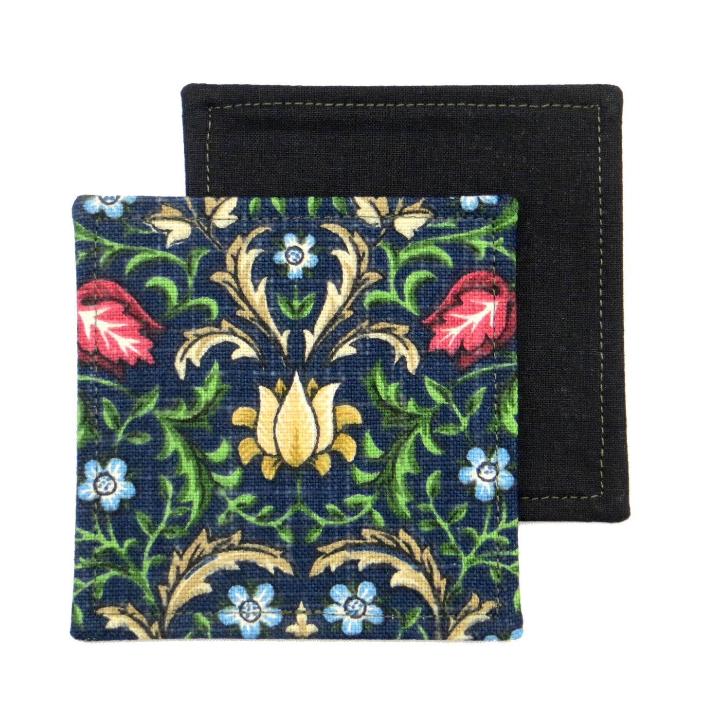 Square coasters with yellow, red, and blue flowers with green vines on blue background