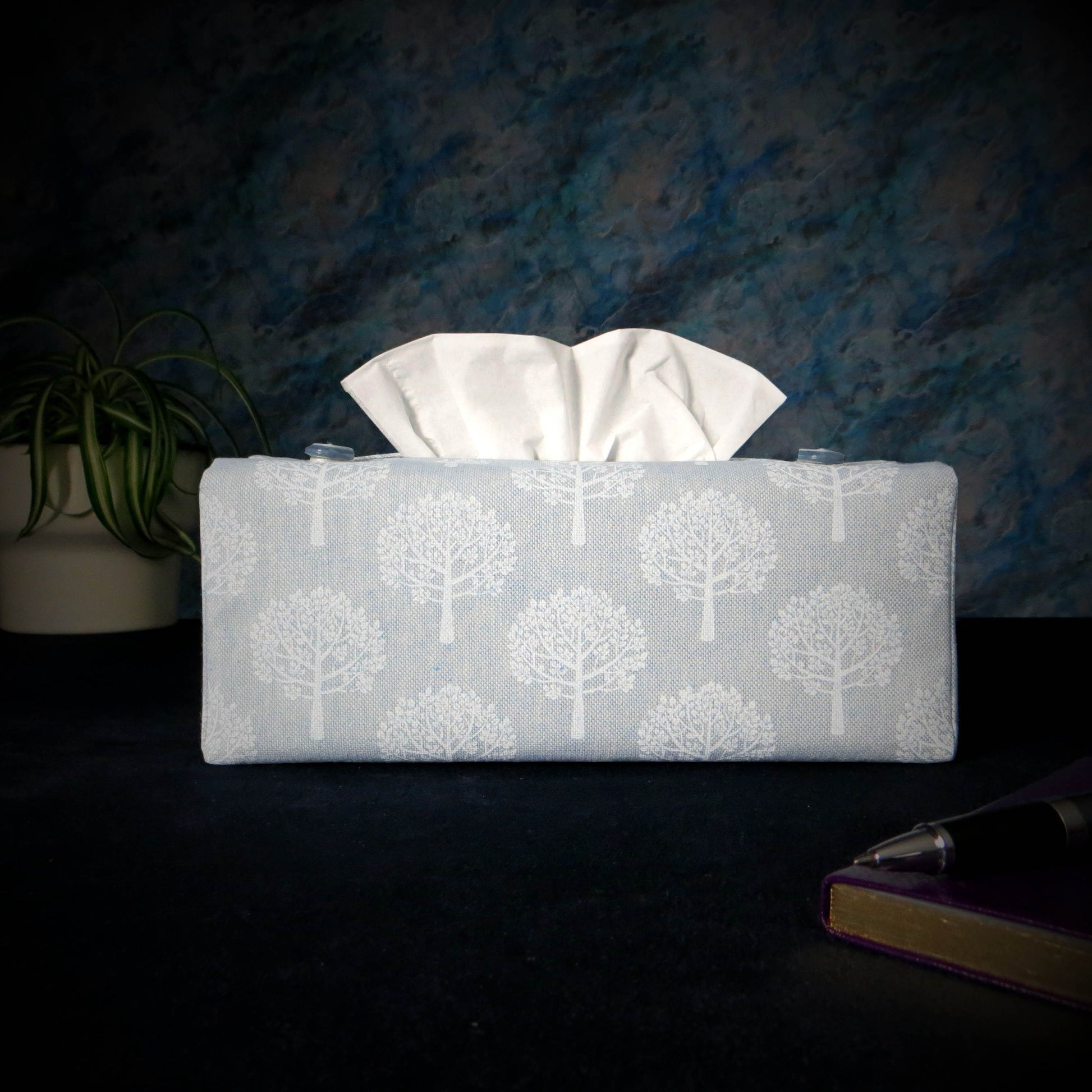 Printed cotton rectangle tissue box cover with white mulberry tree design on light blue background