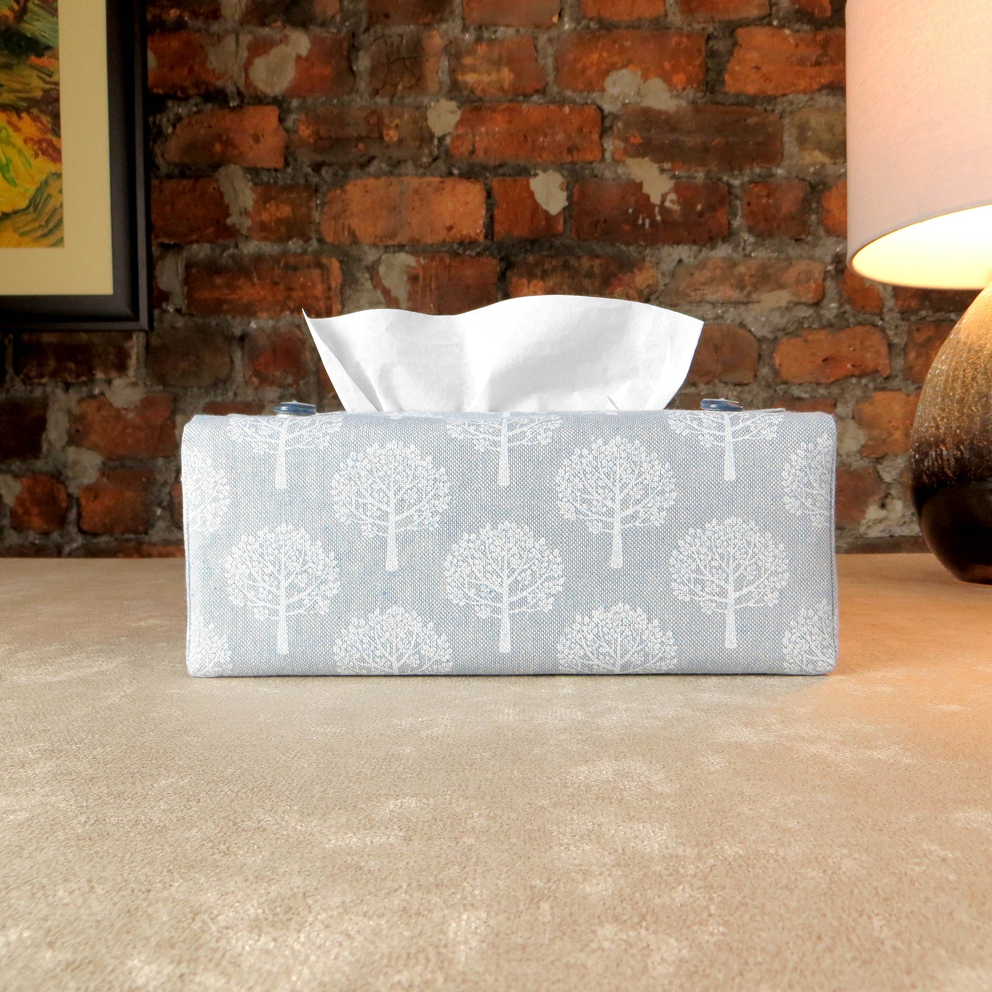 Printed cotton rectangle tissue box cover with white mulberry tree design on light blue background