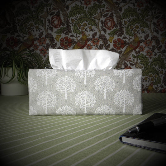 Printed cotton rectangle tissue box cover with white mulberry tree design on taupe background