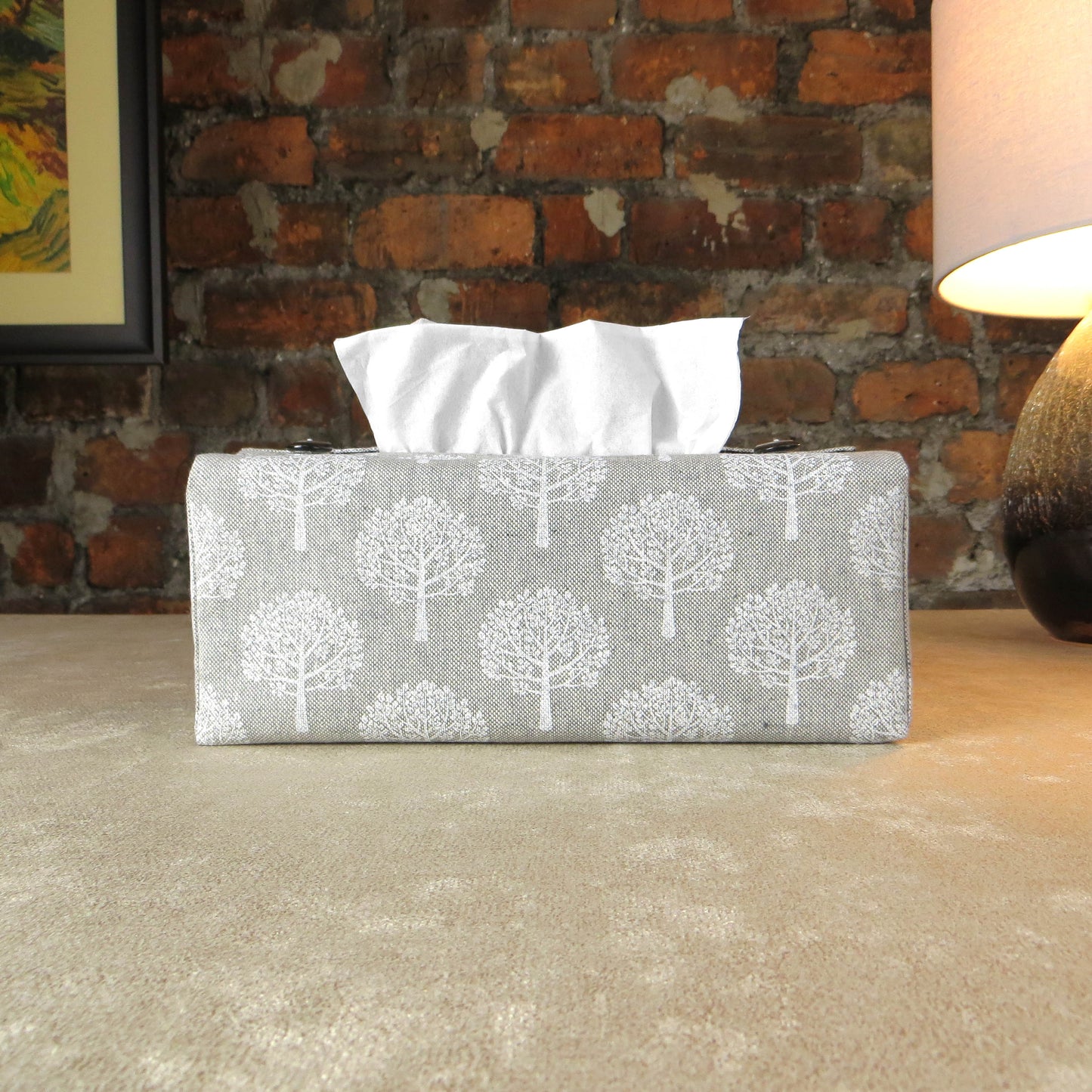 Printed cotton rectangle tissue box cover with white mulberry tree design on taupe background