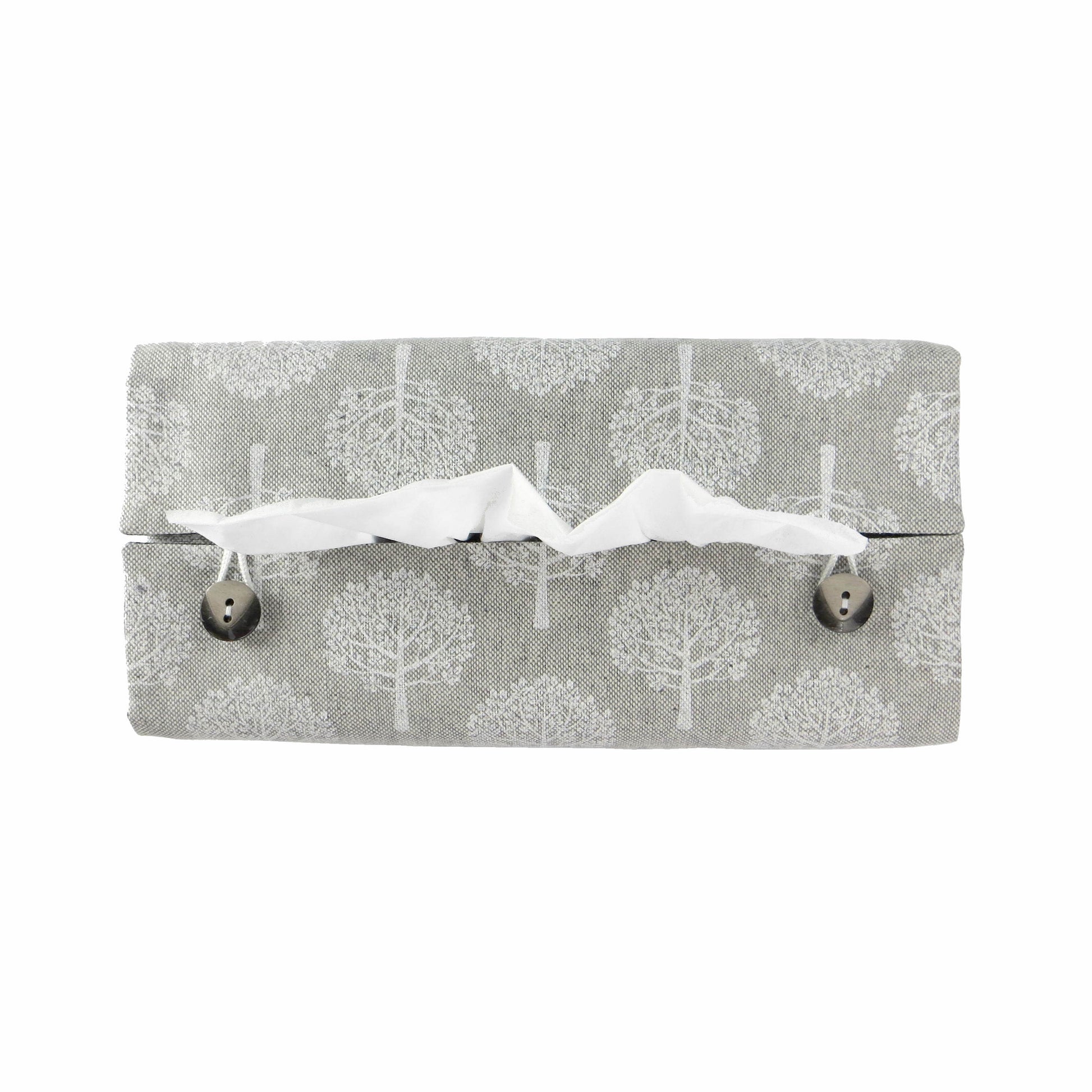 Printed cotton rectangle tissue box cover with white mulberry tree design on taupe background